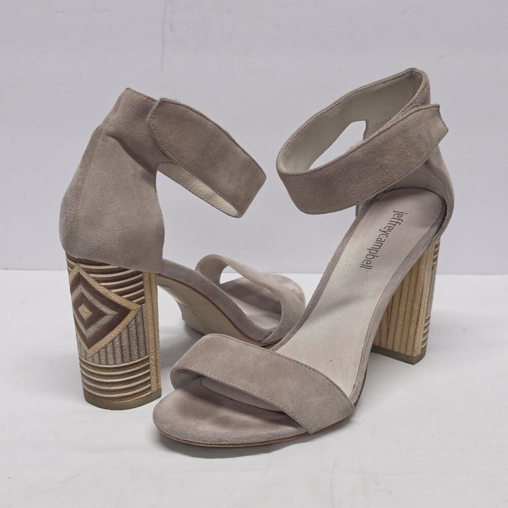 JEFFREY CAMPBELL Lindsay Mosaic Stacked Heel Gray Suede Ankle Strap Sandals 7